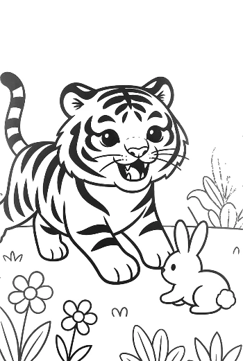 Siberian Tiger Cub Watching a Bunny Hop in the Grass Printable