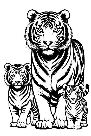 Majestic White Tiger Family Line Art