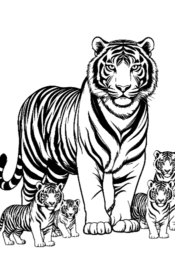 Majestic White Tiger with Playful Cubs