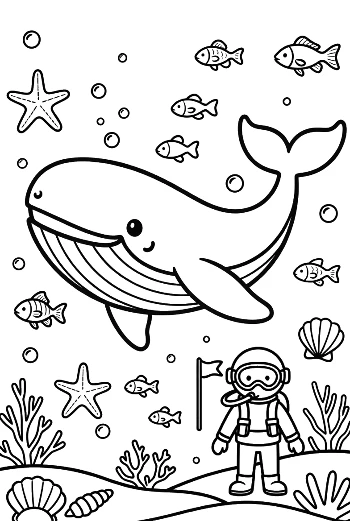 Blue Whale Encountering an Underwater Diver Printable