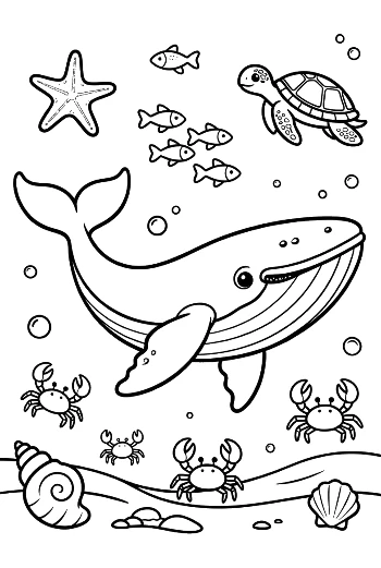 Blue Whale Under the Sea with Coral and Fish Printable