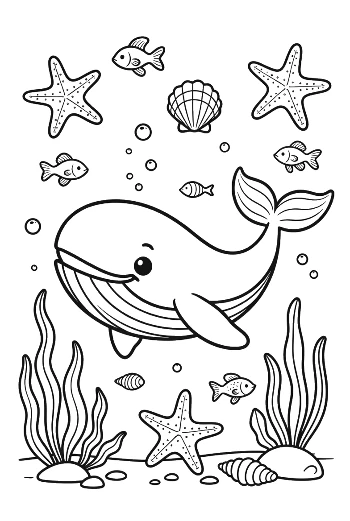 Happy Blue Whale with Starfish and Bubbles Printable