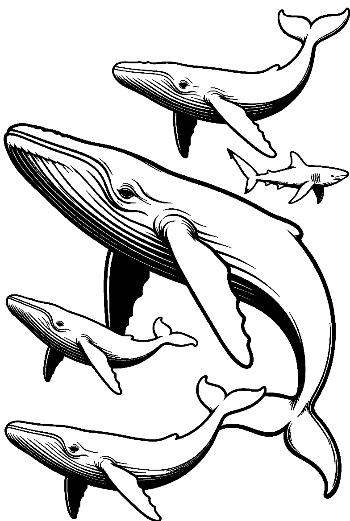 Playful Blue Whales and Shark Line Art