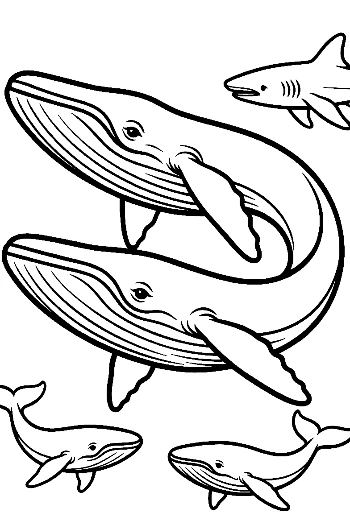 Playful Blue Whales and Shark Outline Art