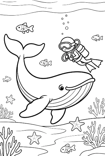 Whale and Scuba Diver Exploring Coral Printable