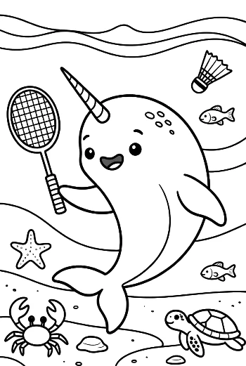 Athletic Narwhal Playing Tennis Underwater Printable