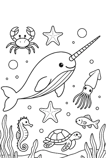 Beautiful Narwhal Swimming in a Magical Ocean Printable