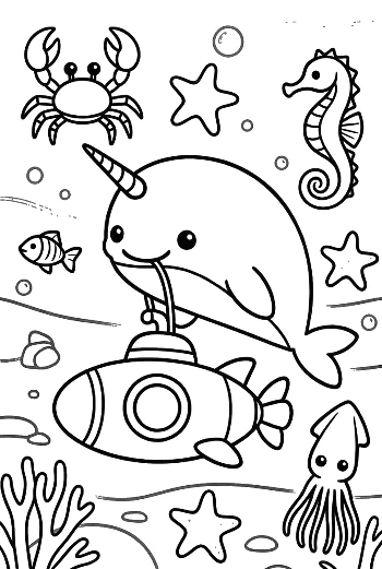 Happy Narwhal Waving from a Submarine Printable