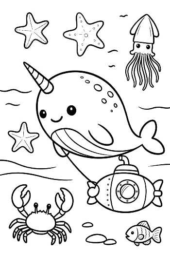 Narwhal Discovering a Yellow Submarine Printable
