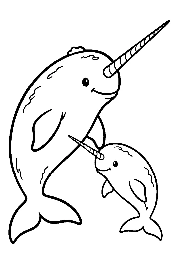 Playful Narwhal Mom and Baby Outline