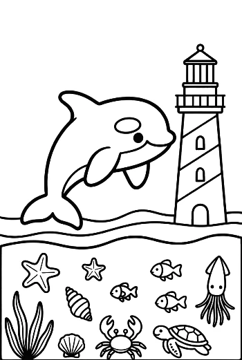 Happy Orca Jumping Near a Tall Lighthouse Printable