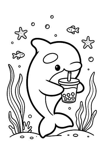 Happy Orca Sipping on a Boba Milk Tea Printable