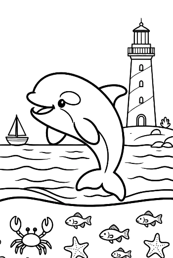 Orca Leaping Through Waves by a Distant Lighthouse Printable