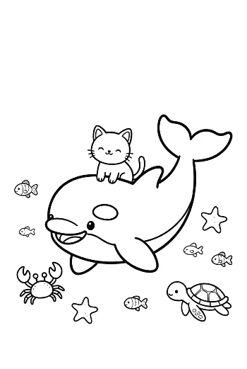 Playful Orca Whale with a Cat Friend on Top Printable
