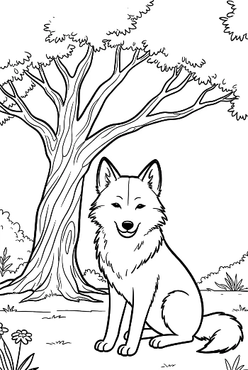 Alert Gray Wolf Watching from Behind a Forest Tree Printable