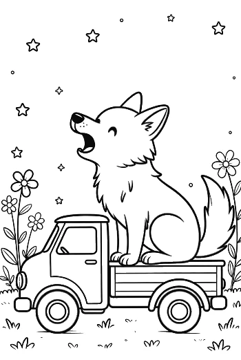 Cute Wolf Sitting in a Truck Bed Howling at Night Printable