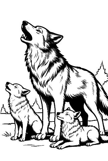 Family of Wolves Howling at Moon