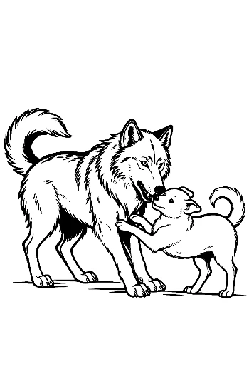 Gray Wolf Parent Playfully Wrestling Pup