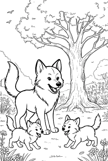 Group of Cute Wolf Pups Playing Around Their Mother Printable