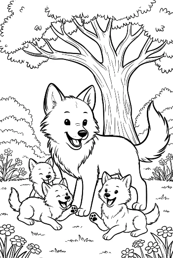 Happy Mother Wolf Standing with Her Playing Cubs Printable
