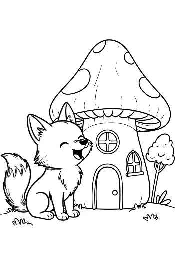 Happy Wolf Pup Howling Near a Mushroom Cottage Printable
