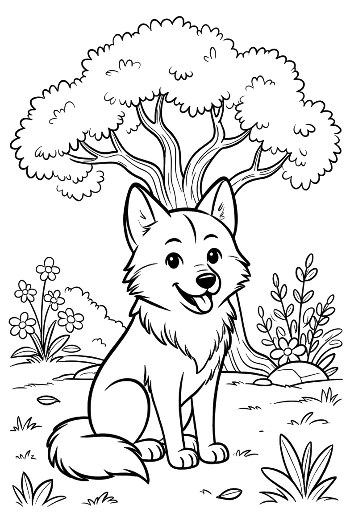 Happy Wolf Pup Sitting in a Meadow of Flowers Printable