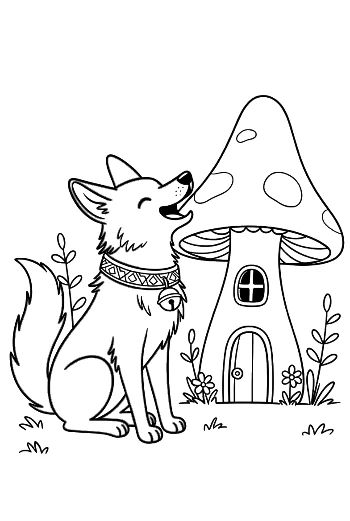 หมาป่าคำรามนั่งข้างบ้านเห็ดนางฟ้าขนาดเล็ก พิมพ์ได้