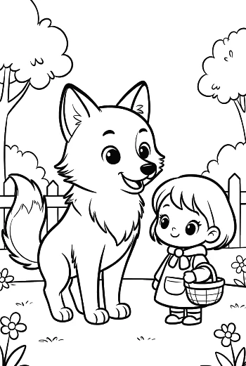 Little Girl and Her Wolf Friend in a Forest Clearing Printable