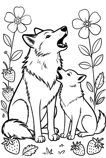 Mother Wolf and Cub Howling Together in Flowers Printable