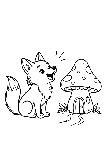 Small Wolf Pup Howling Near a Mushroom House Printable