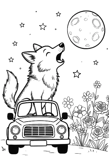 Wolf Howling at the Moon from the Top of a Car Printable