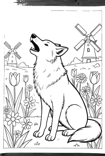 Wolf Howling in Front of a Windmill Under the Moon Printable