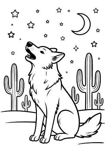 Wolf Howling in the Desert with Cacti and Stars Printable