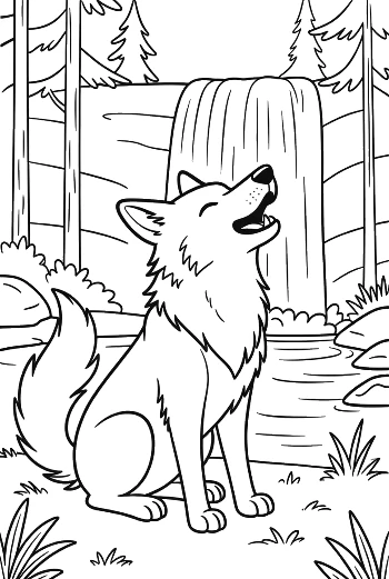 Wolf Howling Near a River and Waterfall in Nature Printable