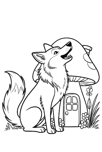 Wolf Howling Next to a Cute Mushroom House Printable