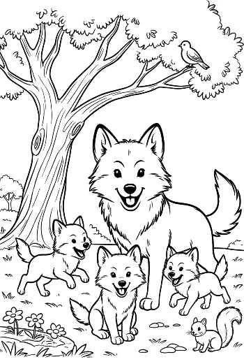 Wolf Mother Guiding Her Pups Through the Forest Printable