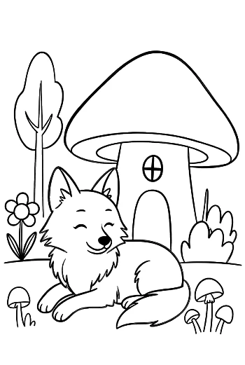 Wolf Resting by a Mushroom House in the Forest Printable