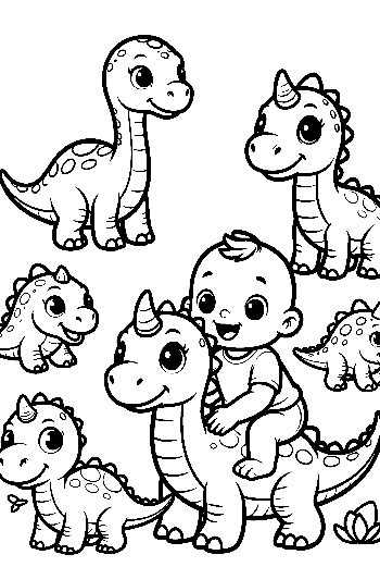 Cute Baby Dinos with Riding Toddler