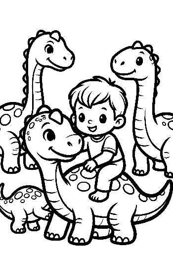 Cute Boy Rides Baby Dino with Playful Pals