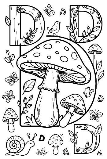 Letter D with Giant Mushrooms and Snail Printable