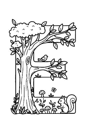 Tree Trunk Letter E Bark and Leaves Printable