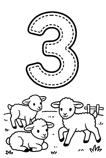 Counting Number 3 Worksheet with Fluffy Lambs Printable