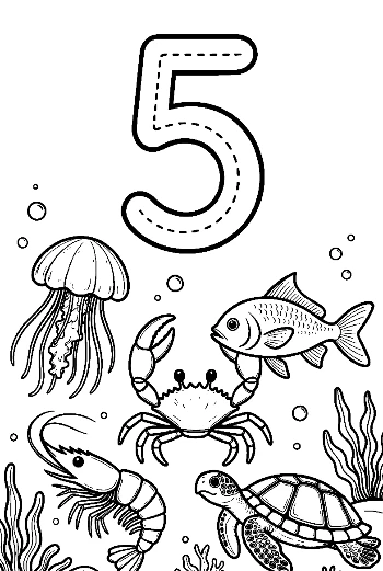 Counting Number 5 Worksheet with Crabs and Turtles Printable