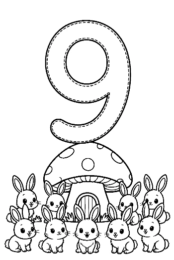 Counting Number 9 Worksheet with a Family of Rabbits Printable