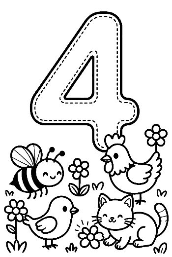 Number 4 Coloring Sheet with a Chicken and Kittens Printable