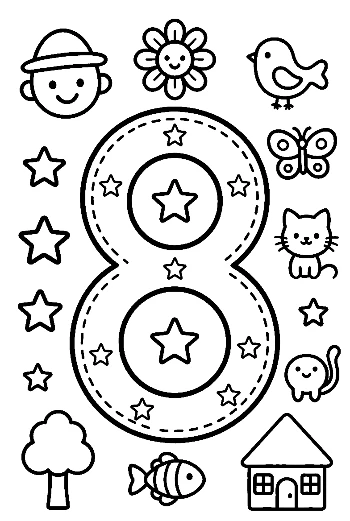 Number 8 Coloring Page with a Sun and Outdoor Scene Printable