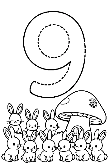 Rabbit and Mushroom Number 9 Tracing Activity Printable