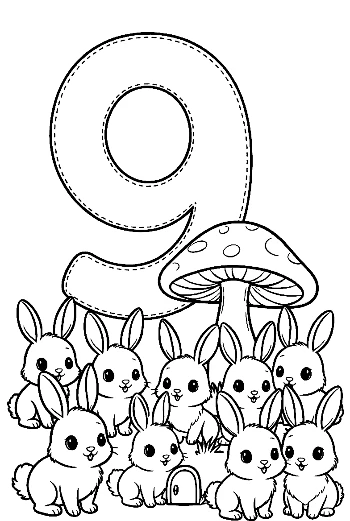 Woodland Number 9 Coloring Page with Forest Animals Printable