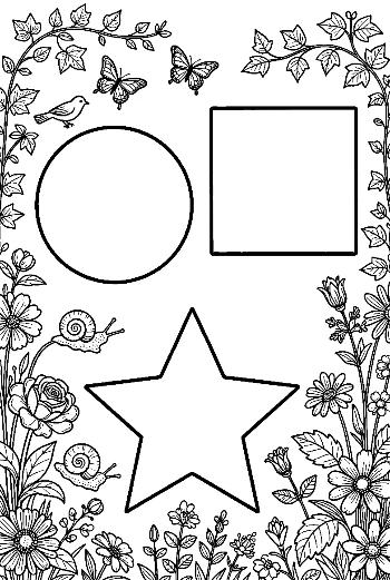 Basic Geometry Coloring Page Featuring Stars, Circles and Squares Printable