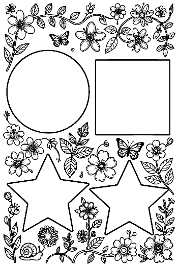 Circle, Square, and Star Shapes in a Floral Garden Frame Coloring Page Printable
